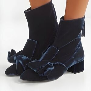 No.21 Knot Bow Navy Blue Velvet Ankle Leather Boots Made in Italy, size 7 (US)